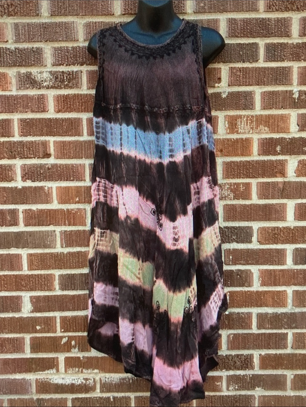 Boho Tie-Dye Maxi Dress in Black with Pastel Accents